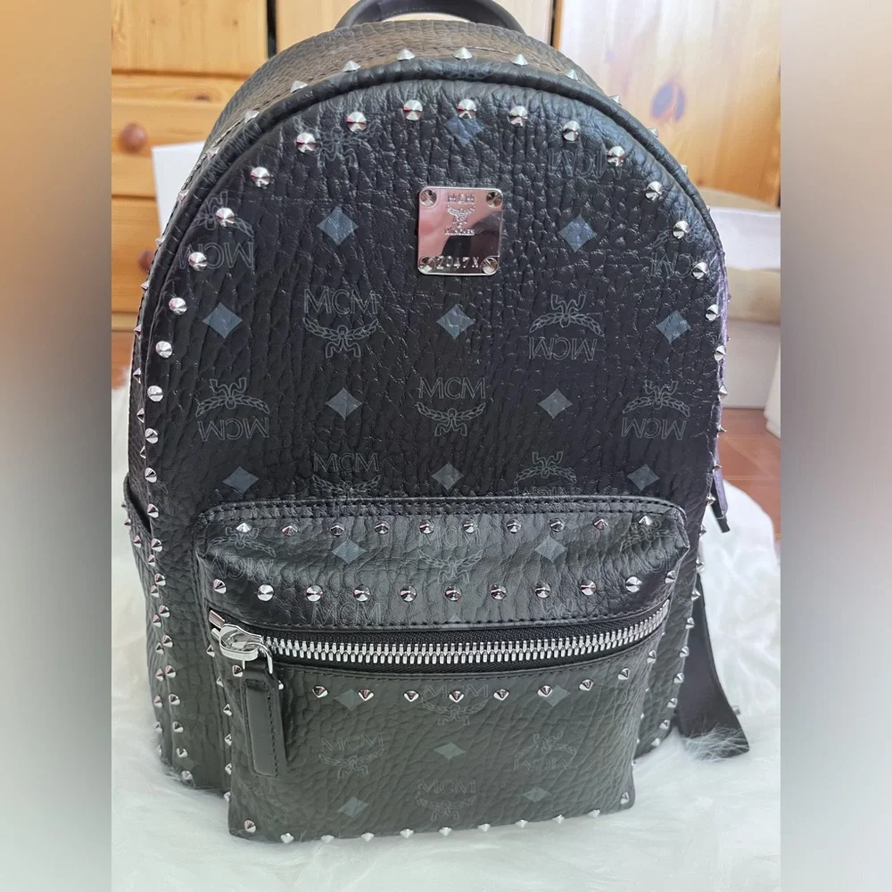 MCM Black Leather Studded Women’s Backpack with Monogram Print - Picture 4 of 16